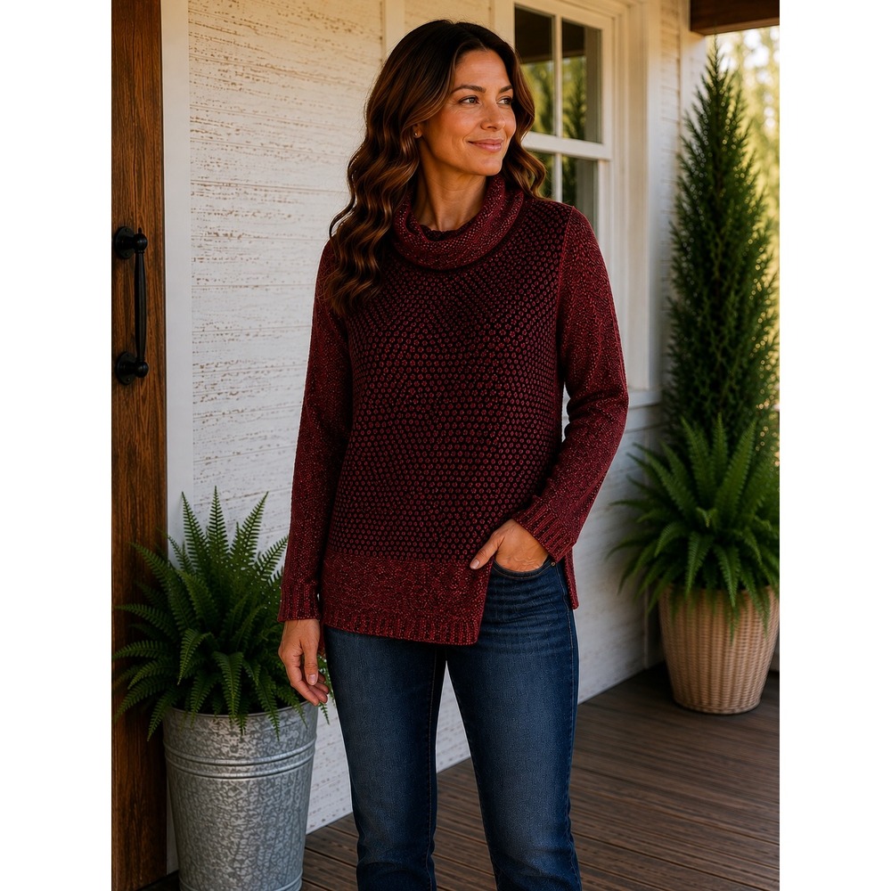 J. Jill Womens L Red Cowl Neck Sweater Textured Knit Marled Long Sleeve